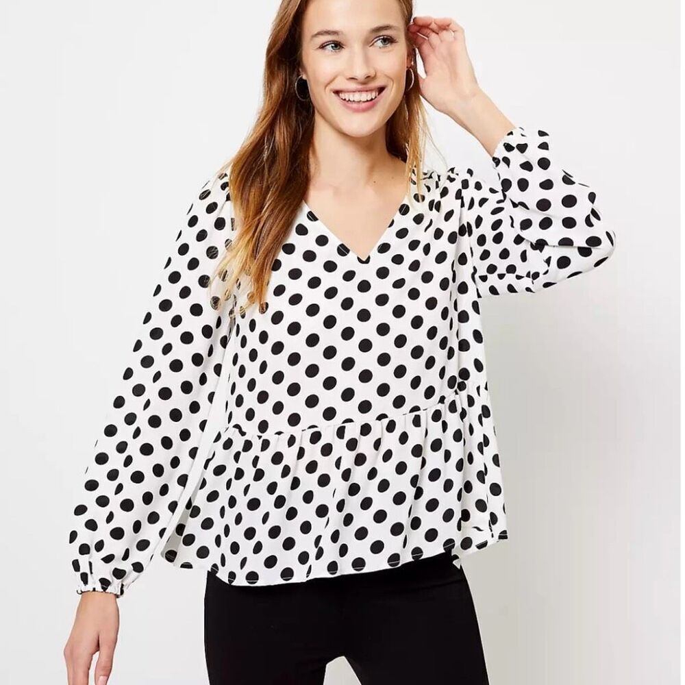 ANN TAYLOR LOFT | Dotted Peplum Blouse Black White Polka Dot Top | Size Medium